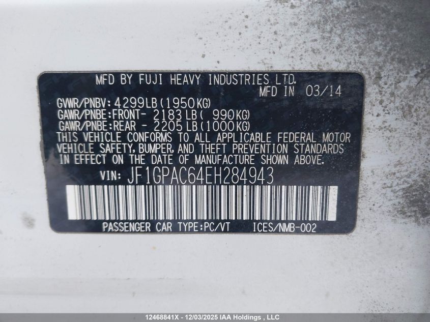 2014 Subaru Impreza 2.0I Touring Package VIN: JF1GPAC64EH284943 Lot: 12468841X