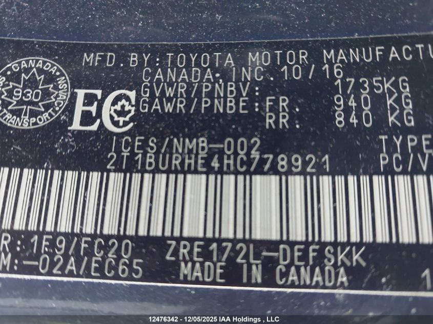 2017 Toyota Corolla Se VIN: 2T1BURHE4HC778921 Lot: 12476342