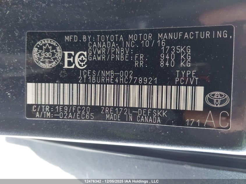 2017 Toyota Corolla Se VIN: 2T1BURHE4HC778921 Lot: 12476342