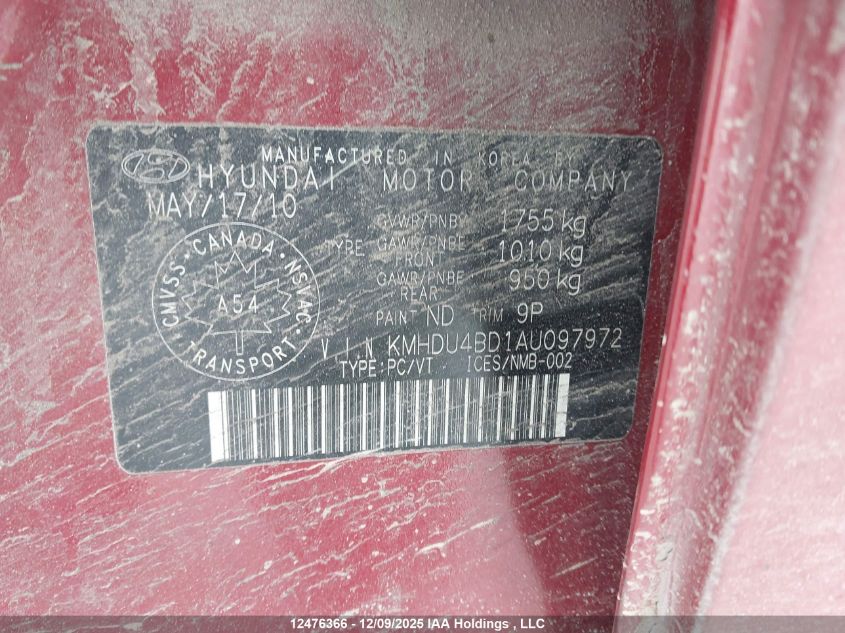 2010 Hyundai Elantra Gl VIN: KMHDU4BD1AU097972 Lot: 12476366