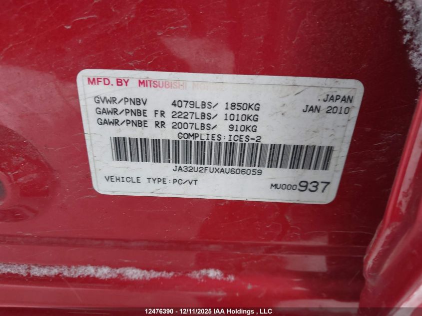 2010 Mitsubishi Lancer Se VIN: JA32U2FUXAU606059 Lot: 12476390