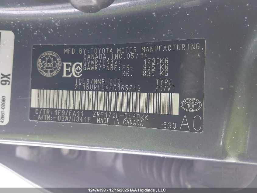 2014 Toyota Corolla Ce VIN: 2T1BURHE4EC165743 Lot: 12476399