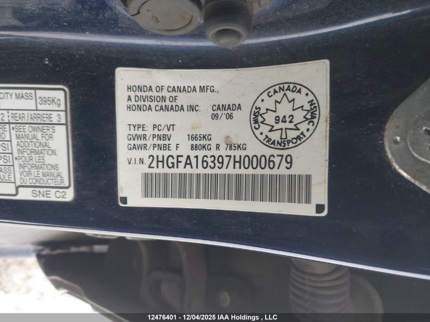 2007 Honda Civic Dx-G VIN: 2HGFA16397H000679 Lot: 12476401