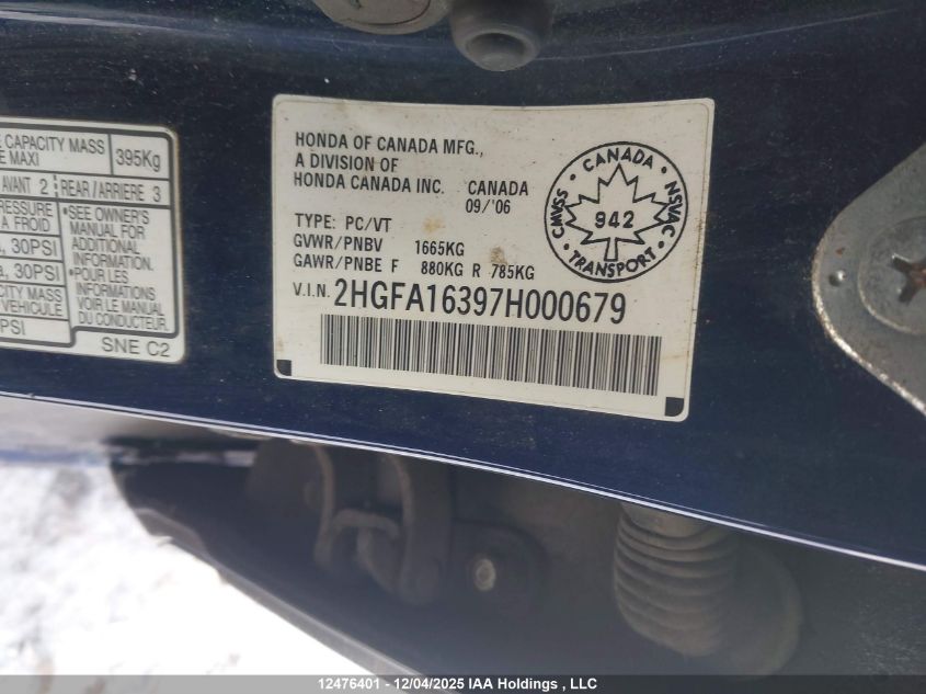 2007 Honda Civic Dx-G VIN: 2HGFA16397H000679 Lot: 12476401