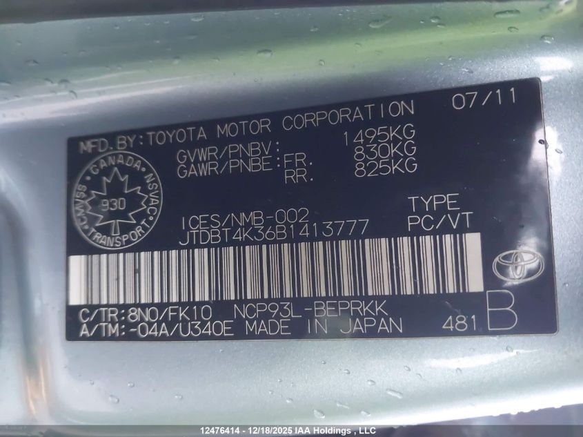 2011 Toyota Yaris VIN: JTDBT4K36B1413777 Lot: 12476414