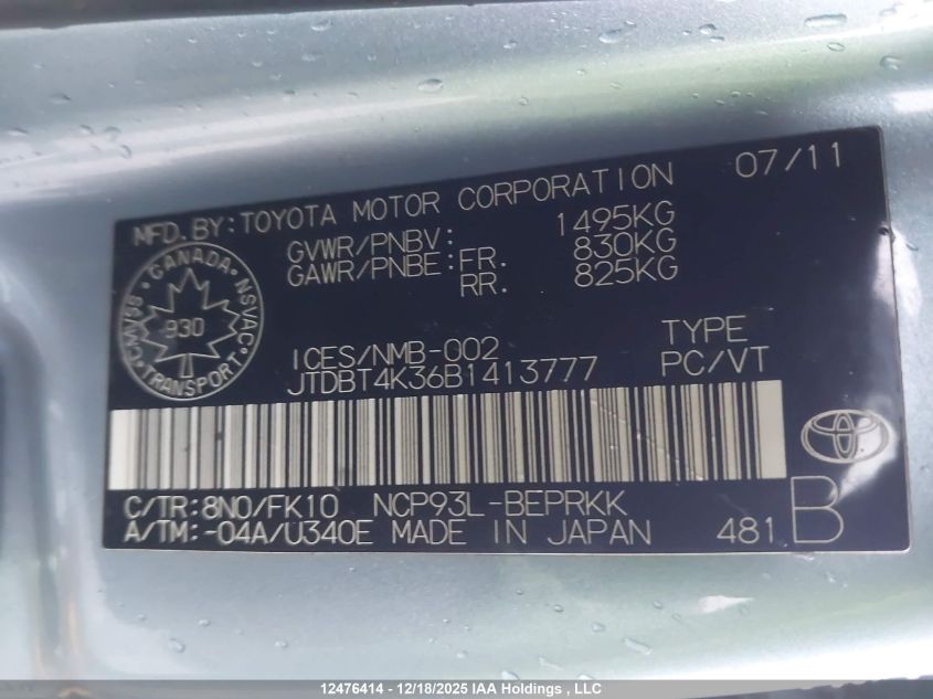 2011 Toyota Yaris VIN: JTDBT4K36B1413777 Lot: 12476414