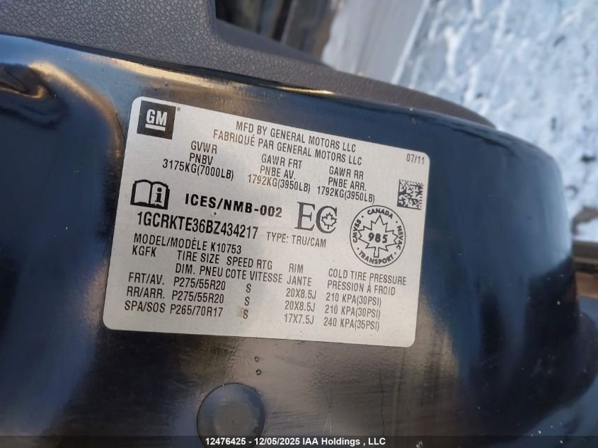 2011 Chevrolet Silverado 1500 Ltz VIN: 1GCRKTE36BZ434217 Lot: 12476425