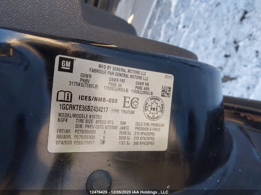 2011 Chevrolet Silverado 1500 Ltz VIN: 1GCRKTE36BZ434217 Lot: 12476425