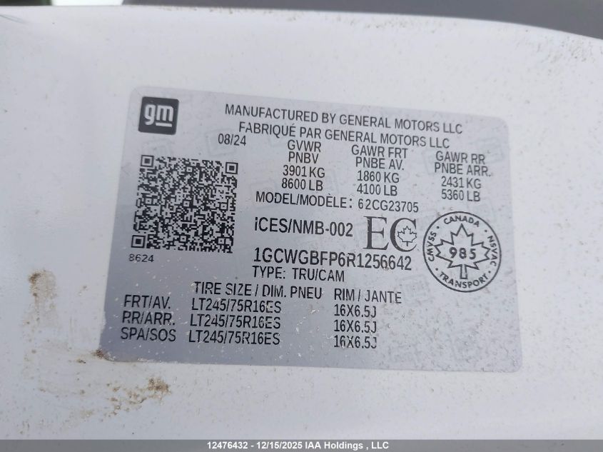 2024 Chevrolet Express G2500 VIN: 1GCWGBFP6R1256642 Lot: 12476432