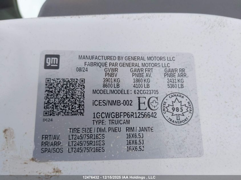 2024 Chevrolet Express G2500 VIN: 1GCWGBFP6R1256642 Lot: 12476432