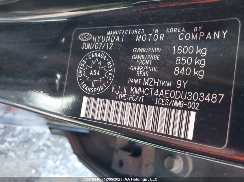 2013 Hyundai Accent Gl VIN: KMHCT4AE0DU303487 Lot: 12476446