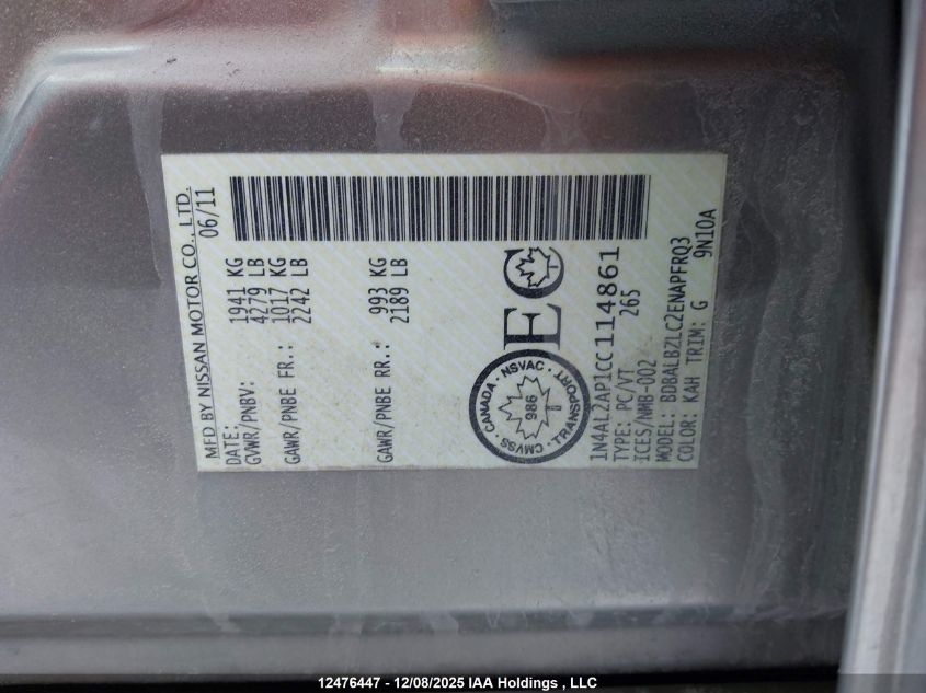 2012 Nissan Altima 2.5 S VIN: 1N4AL2AP1CC114861 Lot: 12476447