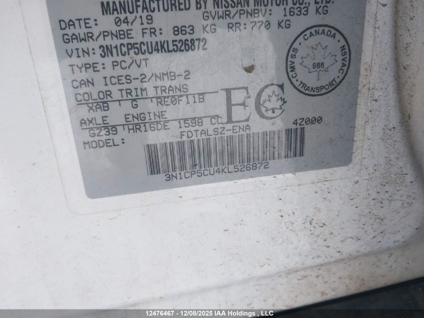 2019 Nissan Kicks S/Sr/Sv VIN: 3N1CP5CU4KL526872 Lot: 12476467