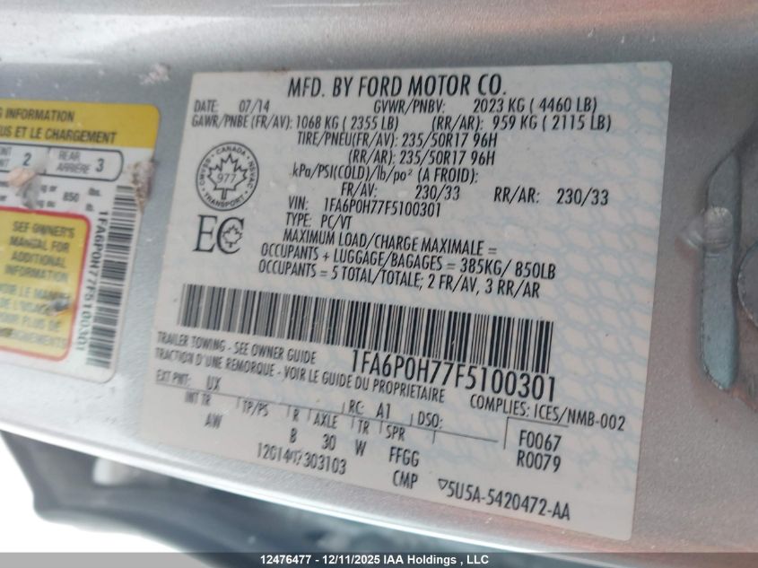 2015 Ford Fusion Se VIN: 1FA6P0H77F5100301 Lot: 12476477