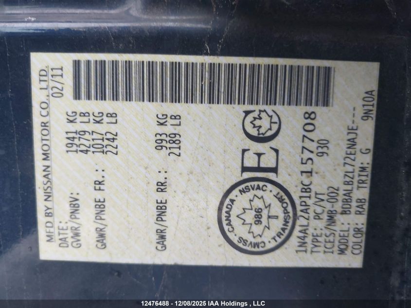 2011 Nissan Altima 2.5 S VIN: 1N4AL2AP1BC157708 Lot: 12476488