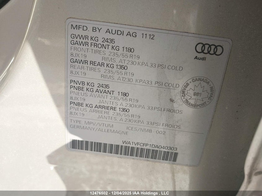 WA1VFCFP1DA040303 2013 AUDI Q5 photo no. 9