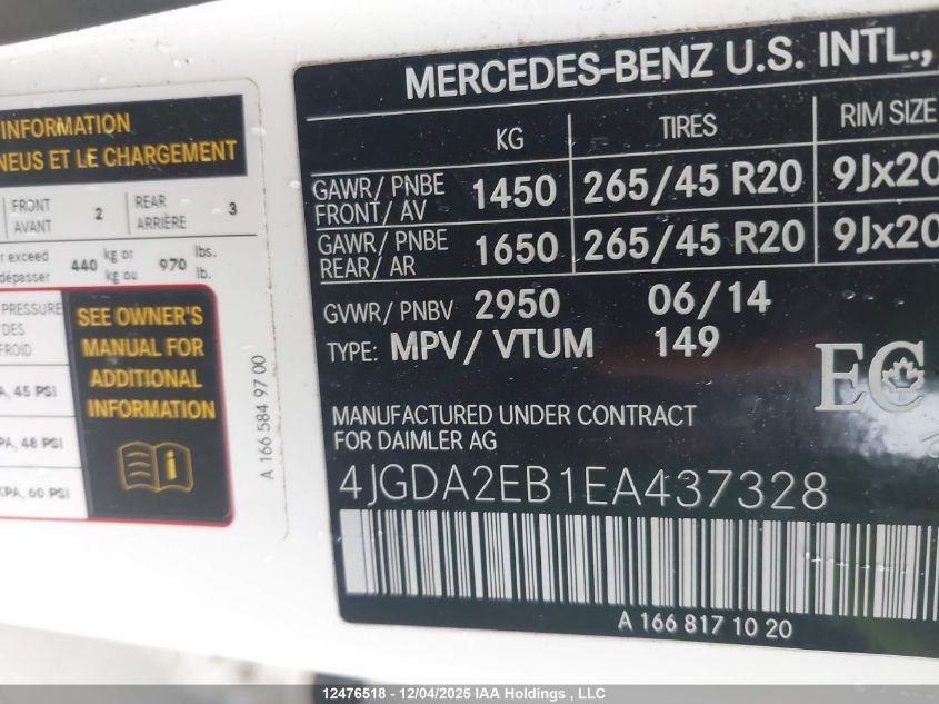 2014 Mercedes-Benz Ml 350 VIN: 4JGDA2EB1EA437328 Lot: 12476518