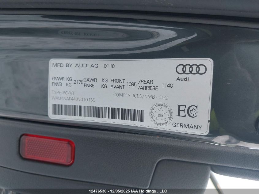 2018 Audi A4 VIN: WAUANAF44JN010165 Lot: 12476530