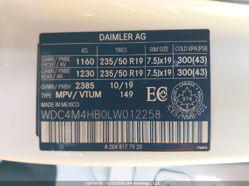 2020 Mercedes-Benz Glb 250 4Matic VIN: WDC4M4HB0LW012258 Lot: 12476535