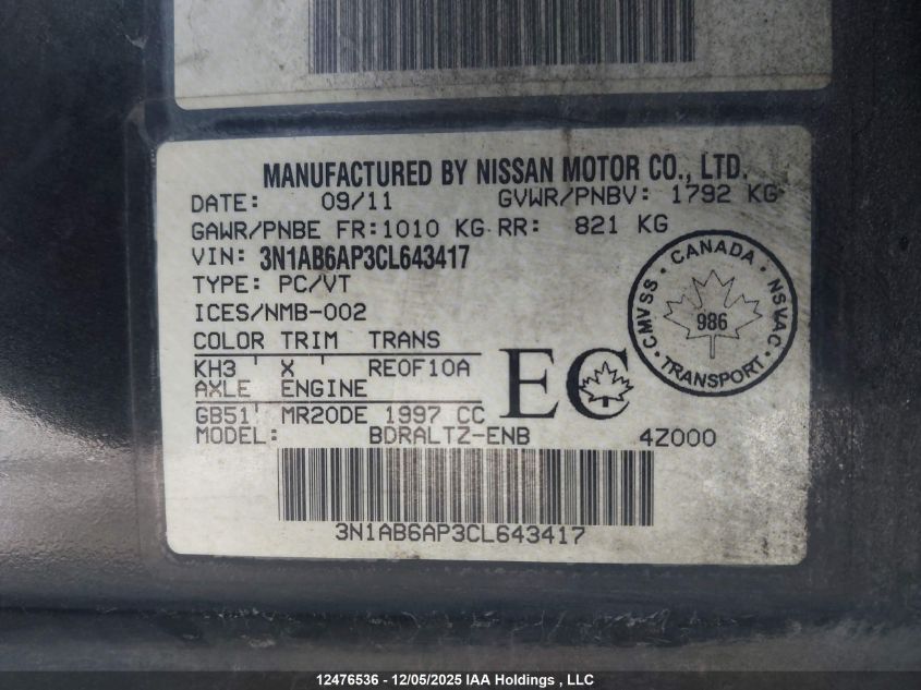 2012 Nissan Sentra 2.0/2.0S/Sr/2.0Sl VIN: 3N1AB6AP3CL643417 Lot: 12476536