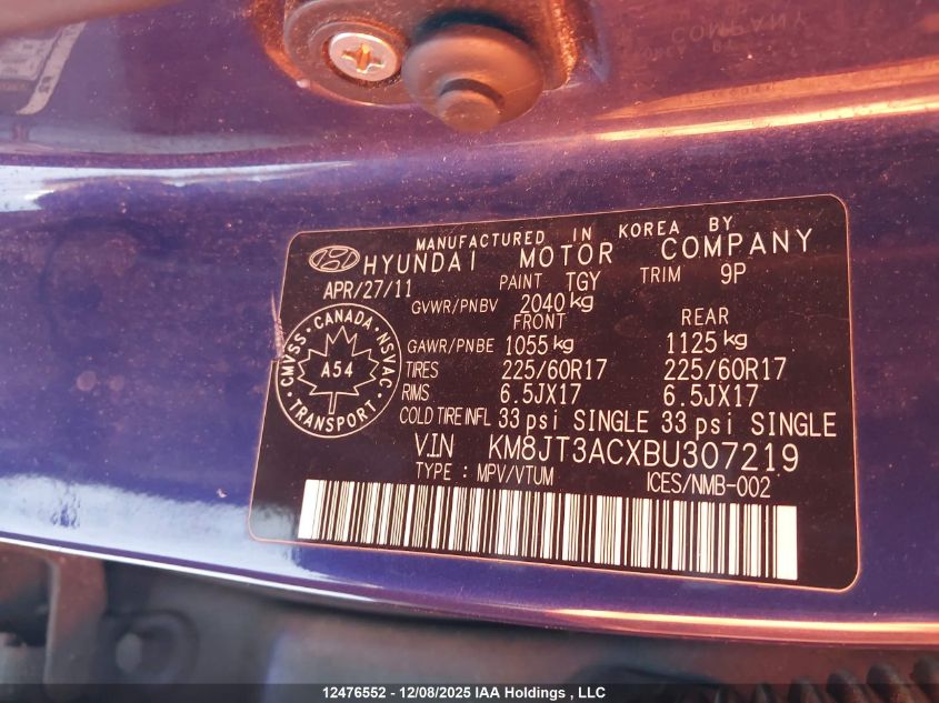 2011 Hyundai Tucson Gl VIN: KM8JT3ACXBU307219 Lot: 12476552