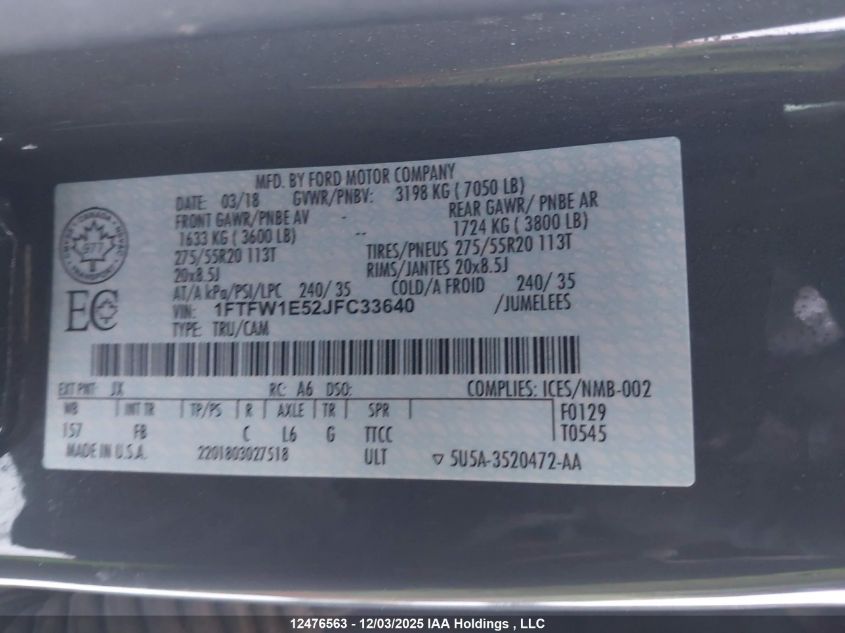 2018 Ford F-150 Xlt VIN: 1FTFW1E52JFC33640 Lot: 12476563