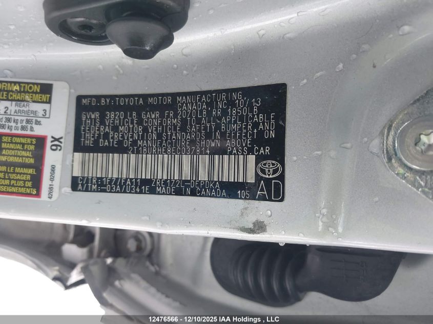 2014 Toyota Corolla L/Le/Le Pls/Prm/S/S Pls VIN: 2T1BURHE8EC037814 Lot: 12476566