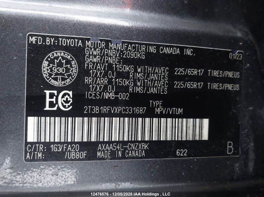 2023 Toyota Rav4 VIN: 2T3B1RFVXPC331687 Lot: 12476576