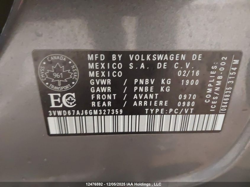2016 Volkswagen Jetta 1.4 Tsi Comfortline VIN: 3VWD67AJ6GM327359 Lot: 12476592