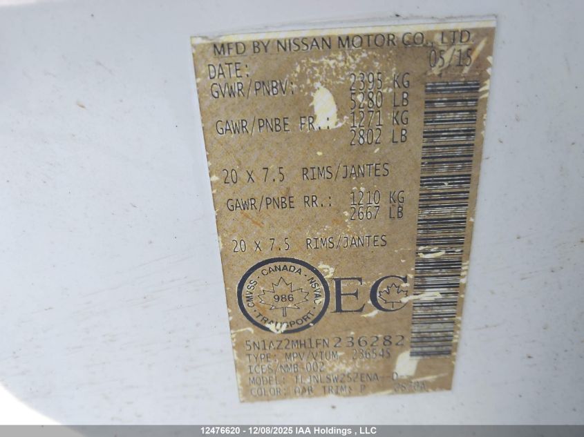 2015 Nissan Murano Platinum/Sl/Sv VIN: 5N1AZ2MH1FN236282 Lot: 12476620