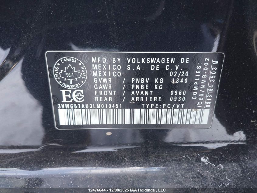 2020 Volkswagen Golf Comfortline/Highline VIN: 3VWG57AU3LM010451 Lot: 12476644