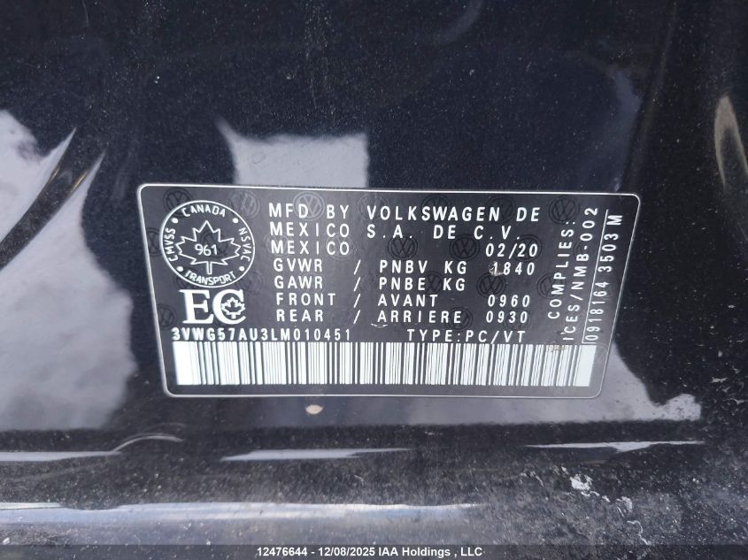 2020 Volkswagen Golf Comfortline/Highline VIN: 3VWG57AU3LM010451 Lot: 12476644