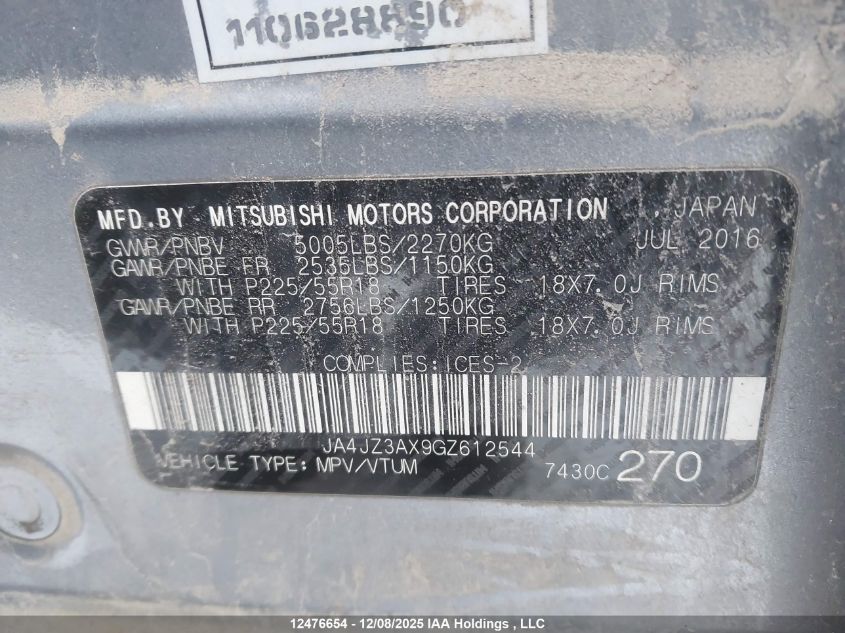 2016 Mitsubishi Outlander Se VIN: JA4JZ3AX9GZ612544 Lot: 12476654