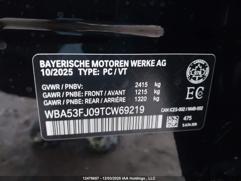 2026 BMW 530I xDrive VIN: WBA53FJ09TCW69219 Lot: 12476657