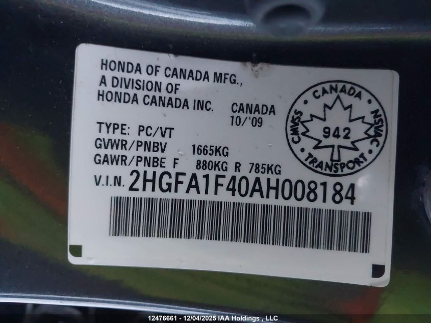 2010 Honda Civic Dx-G VIN: 2HGFA1F40AH008184 Lot: 12476661