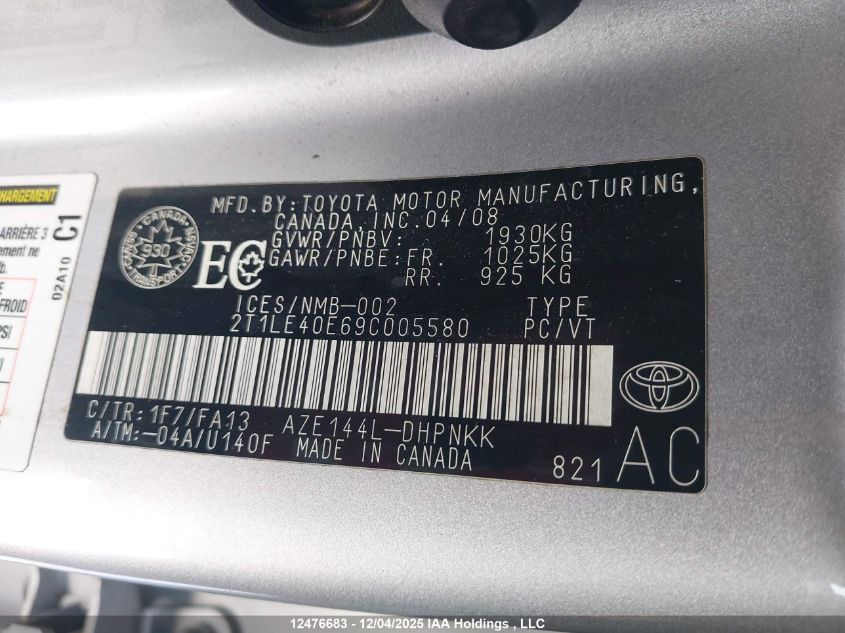 2009 Toyota Matrix VIN: 2T1LE40E69C005580 Lot: 12476683