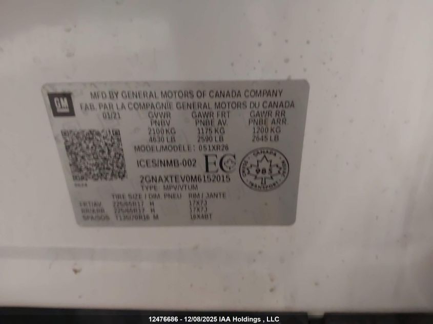 2021 Chevrolet Equinox Lt VIN: 2GNAXTEV0M6152015 Lot: 12476686