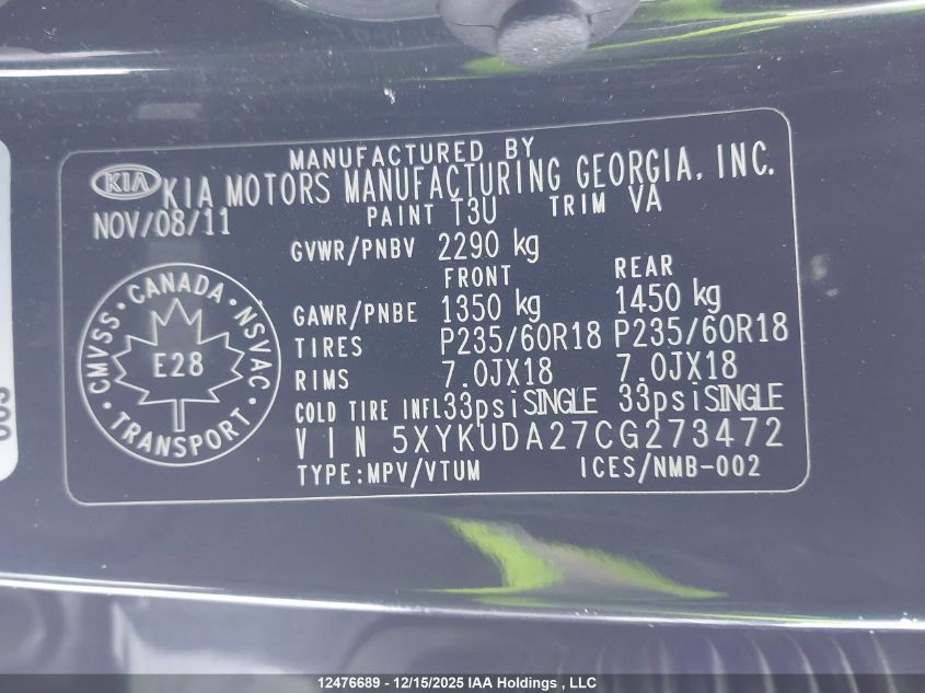 2012 Kia Sorento Ex Luxury V6/Ex V6 VIN: 5XYKUDA27CG273472 Lot: 12476689
