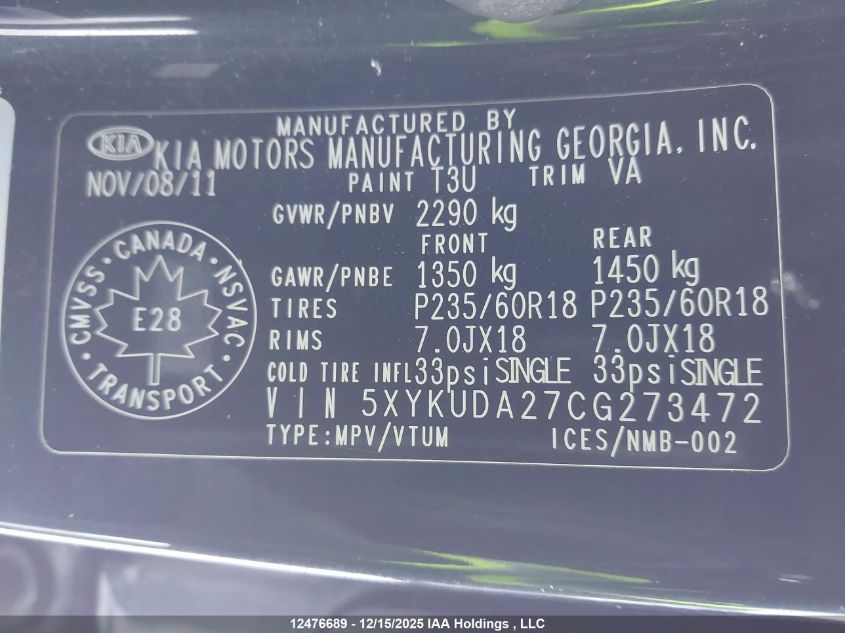 2012 Kia Sorento Ex Luxury V6/Ex V6 VIN: 5XYKUDA27CG273472 Lot: 12476689