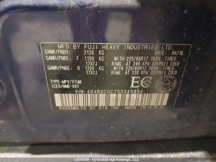 2016 Subaru Outback 2.5I Premium VIN: 4S4BSCGC7G3340934 Lot: 12476709