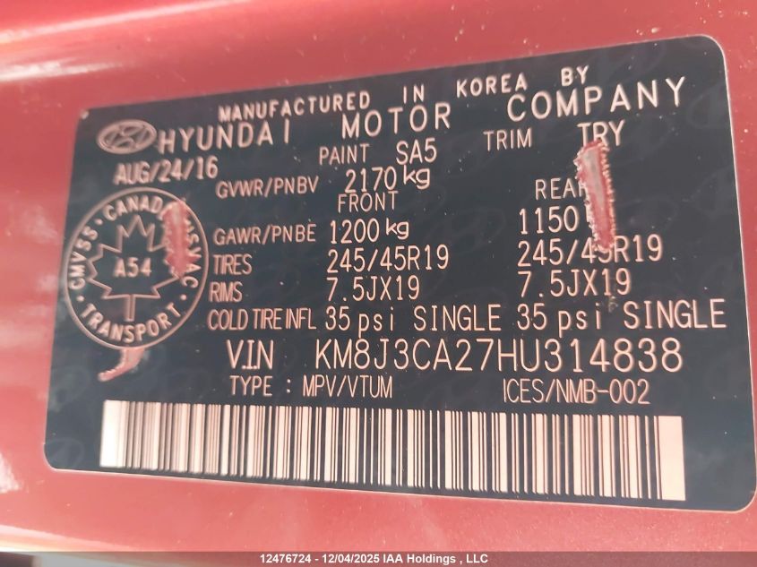 2017 Hyundai Tucson Limited VIN: KM8J3CA27HU314838 Lot: 12476724