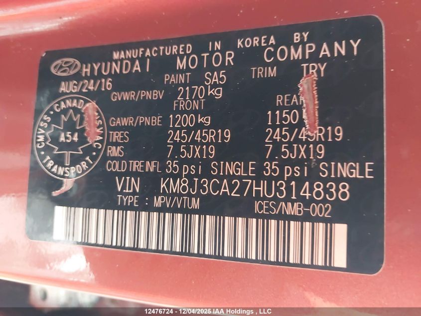 2017 Hyundai Tucson Limited VIN: KM8J3CA27HU314838 Lot: 12476724