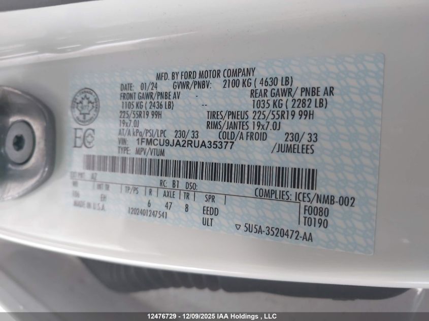 2024 Ford Escape Platinum VIN: 1FMCU9JA2RUA35377 Lot: 12476729