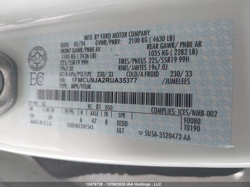 2024 Ford Escape Platinum VIN: 1FMCU9JA2RUA35377 Lot: 12476729