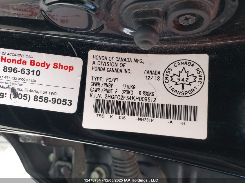 2019 Honda Civic Lx VIN: 2HGFC2F54KH009512 Lot: 12476734