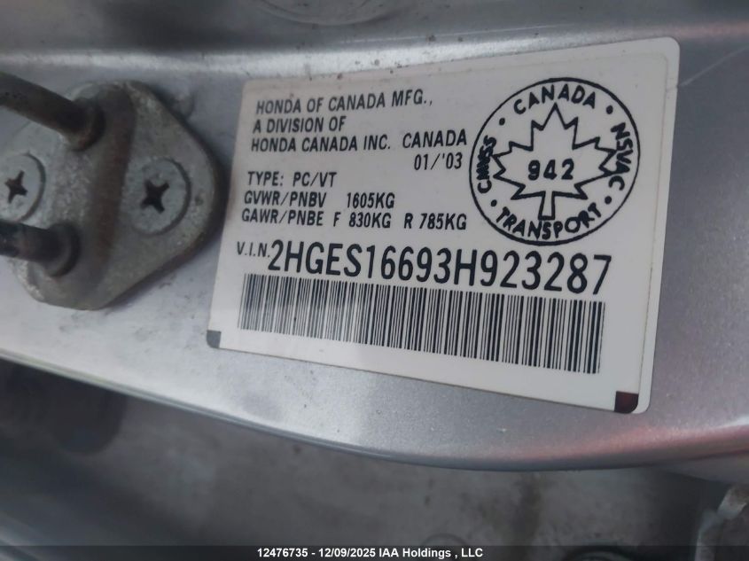 2003 Honda Civic Lx VIN: 2HGES16693H923287 Lot: 12476735