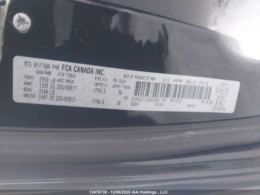 2019 Dodge Grand Caravan Gt VIN: 2C4RDGEG1KR653830 Lot: 12476738