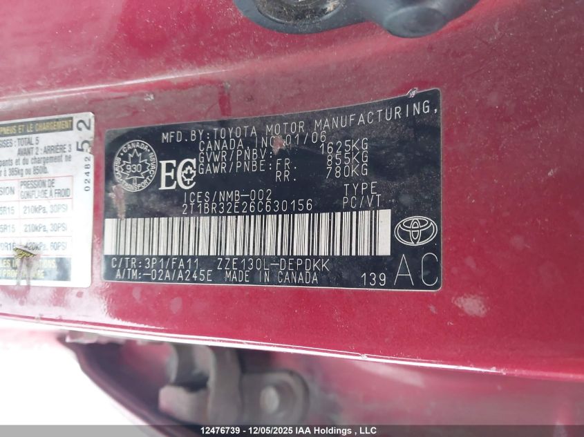 2006 Toyota Corolla VIN: 2T1BR32E26C630156 Lot: 12476739