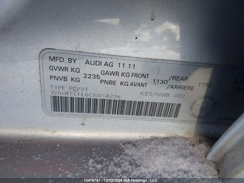 2012 Audi A4 Premium VIN: WAUFFCFL6CN014226 Lot: 12476741