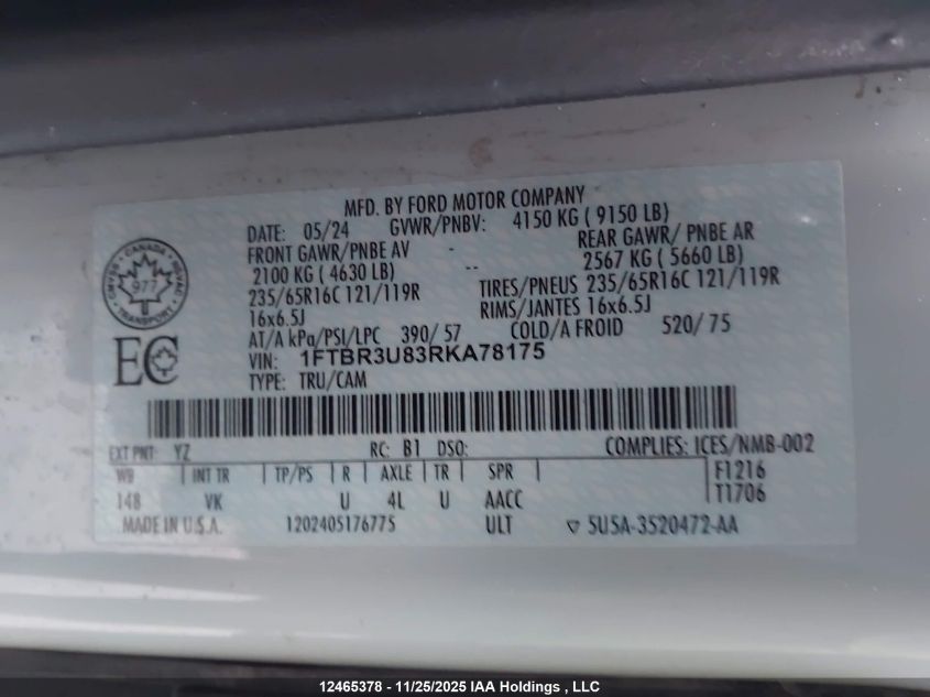 2024 Ford Transit-250 Cargo VIN: 1FTBR3U83RKA78175 Lot: 12465378X